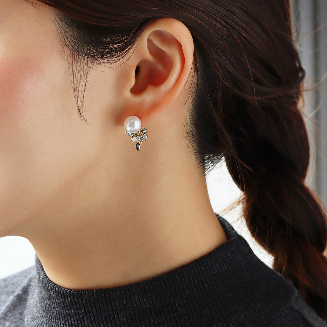 ビズー公式】あこや真珠×マルチカラージュエル K18/PTピアス(両耳