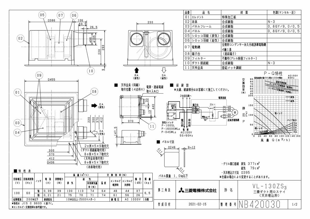 VL-130ZS3 | 換気扇 | ダクト用ロスナイ 天井埋込形 居間・事務所