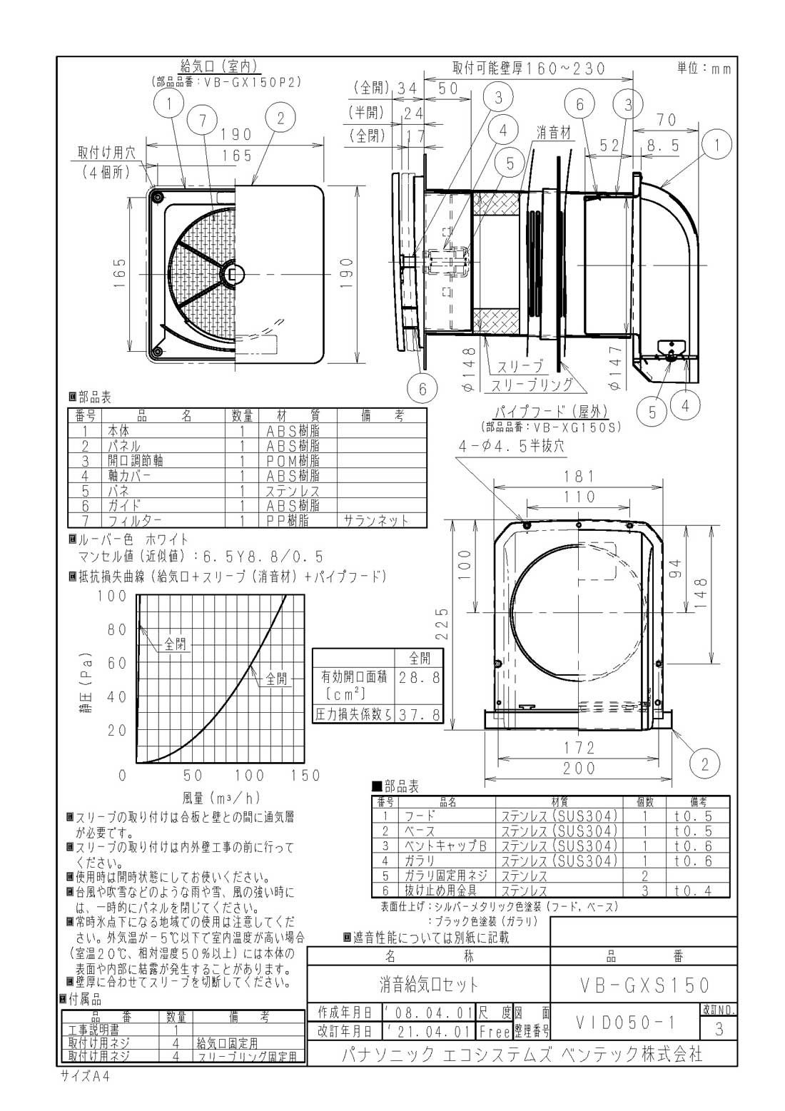 VB-GXS150 | 換気扇 | 消音給気口セット φ150パナソニック エコ