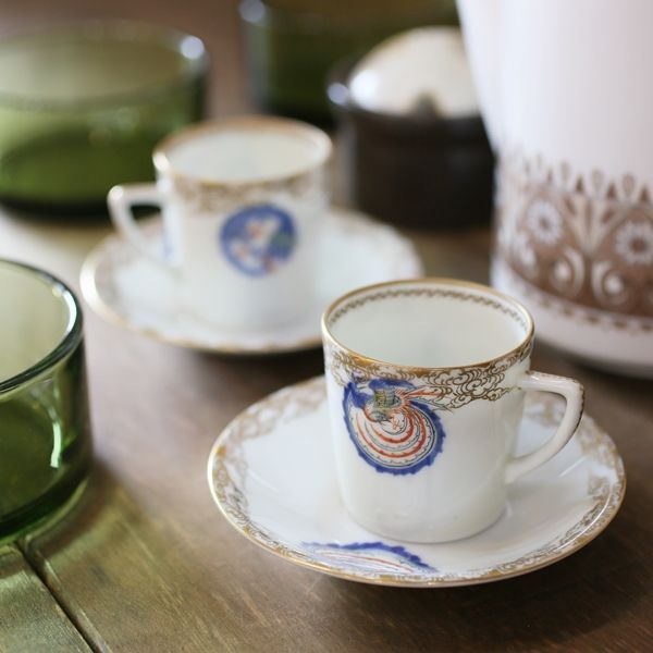 深川製磁 オールド深川 デミタスカップ＆ソーサー 龍・鳳凰柄