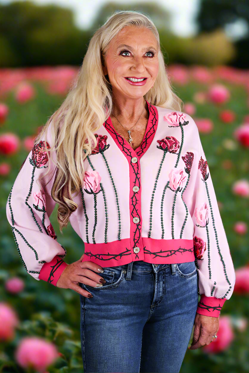 Queen Of Sparkles Light Pink Long Stem Rose Cardigan – Deja Nu Tx