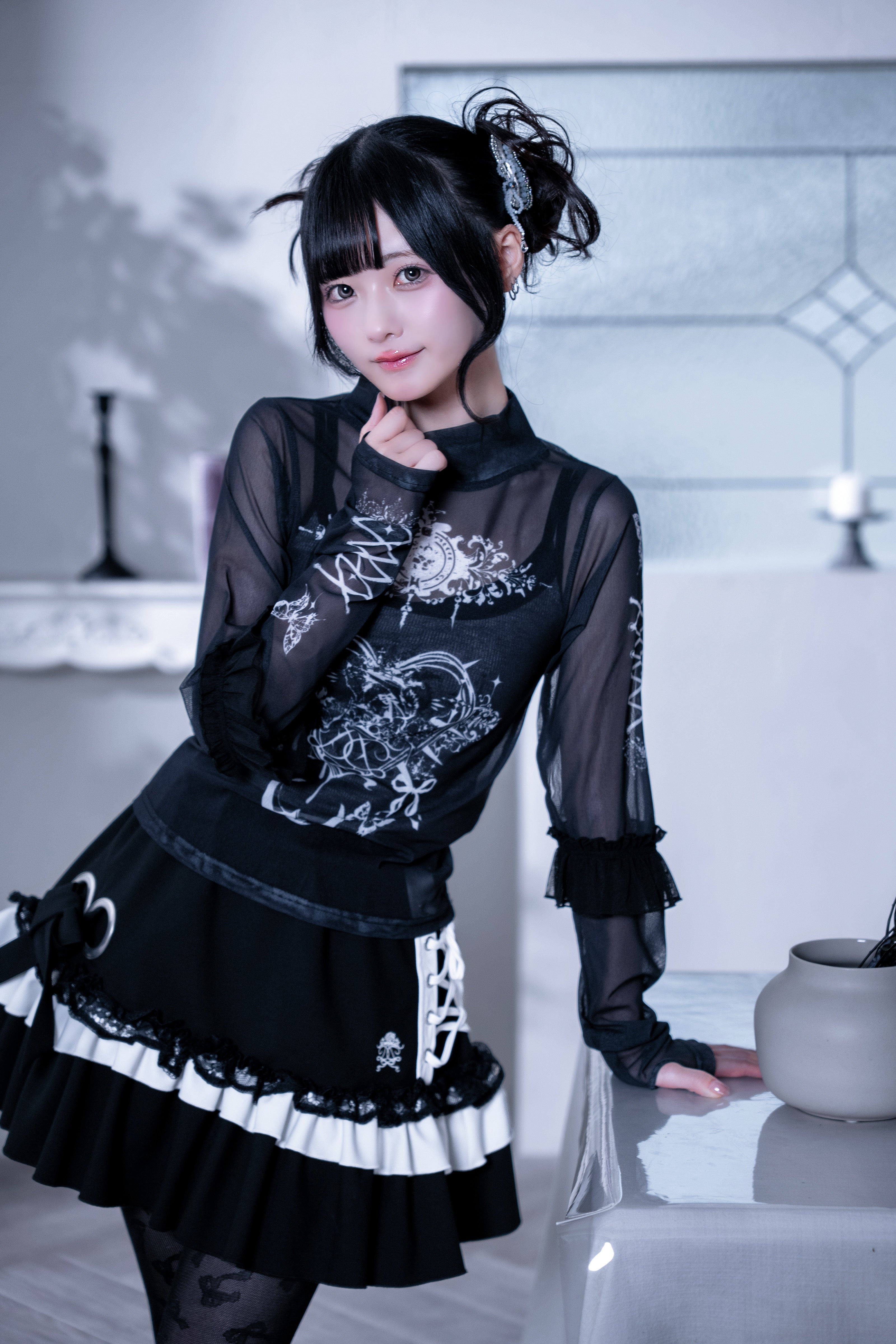 frill tattoo sheer tops black