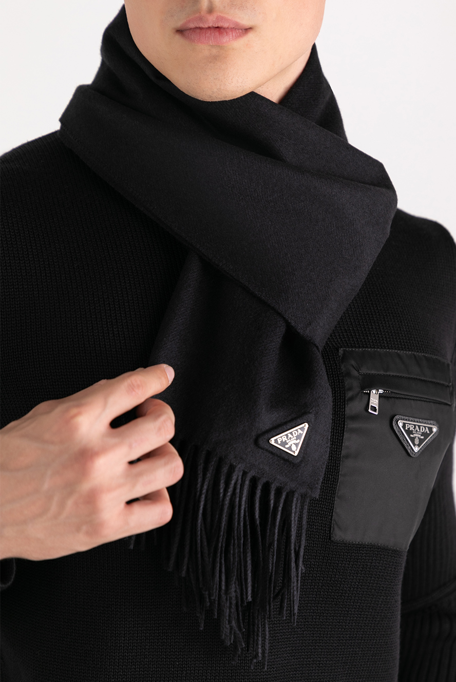 Prada black men's scarf with fringe 180809 — Men scarves, shawls