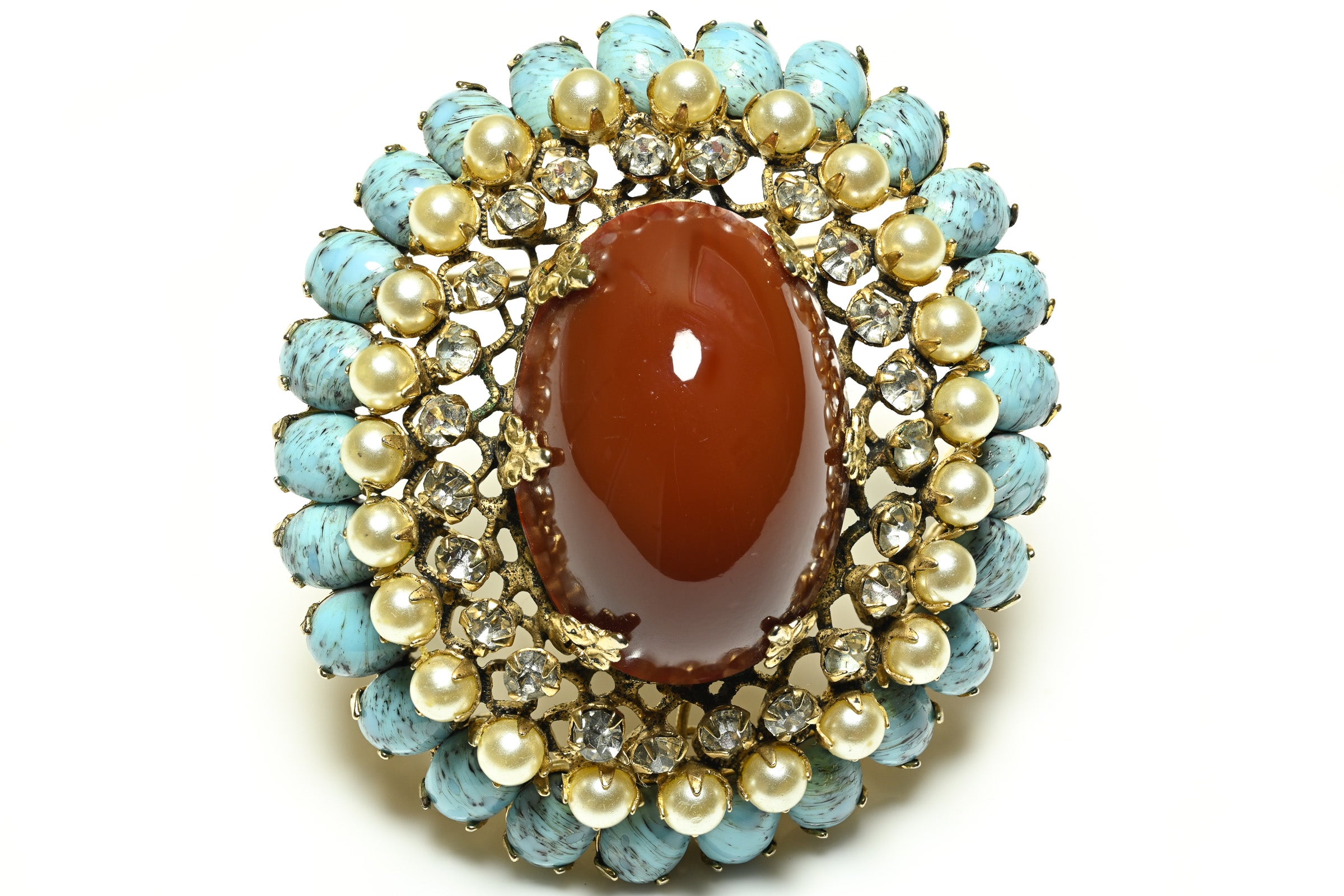 Vintage 1960's Schreiner NY Turquoise Blue Pearl Red Cabochon Brooch