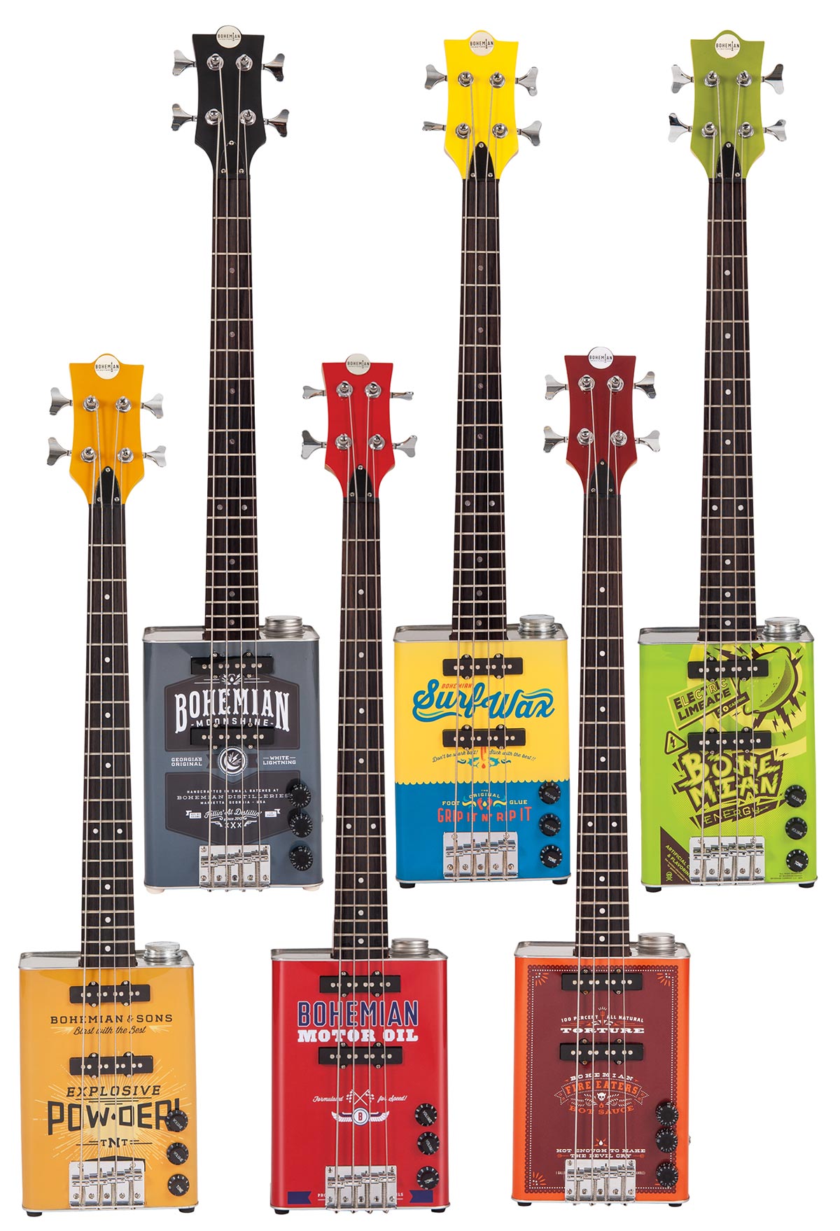 Bohemian oil-can guitars, basses and ukuleles lignum rosa fingerboard