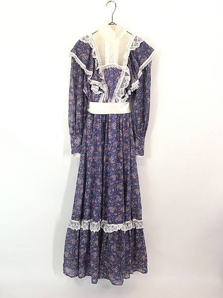 レディース 古着 70s USA製 GUNNE SAX 小花柄 フリル レース ガーリー