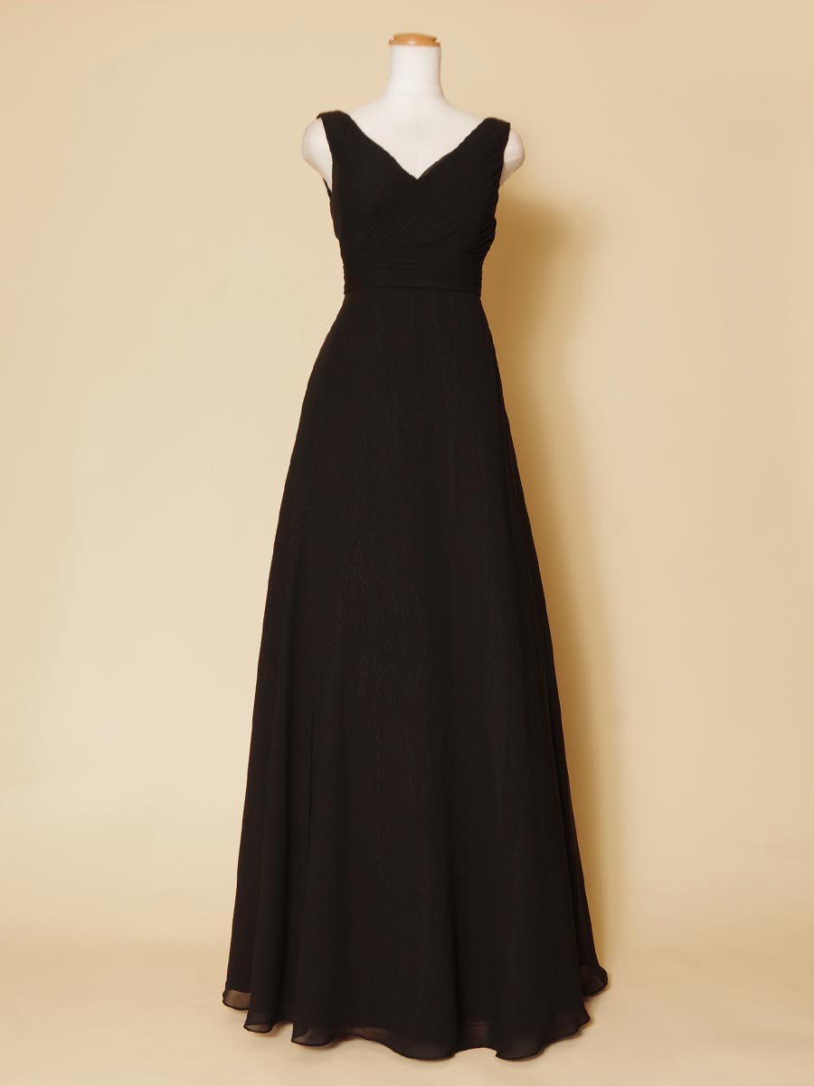 Vネックのブラック袖付きデザインの演奏会ロングドレス｜ドレスルームアミ