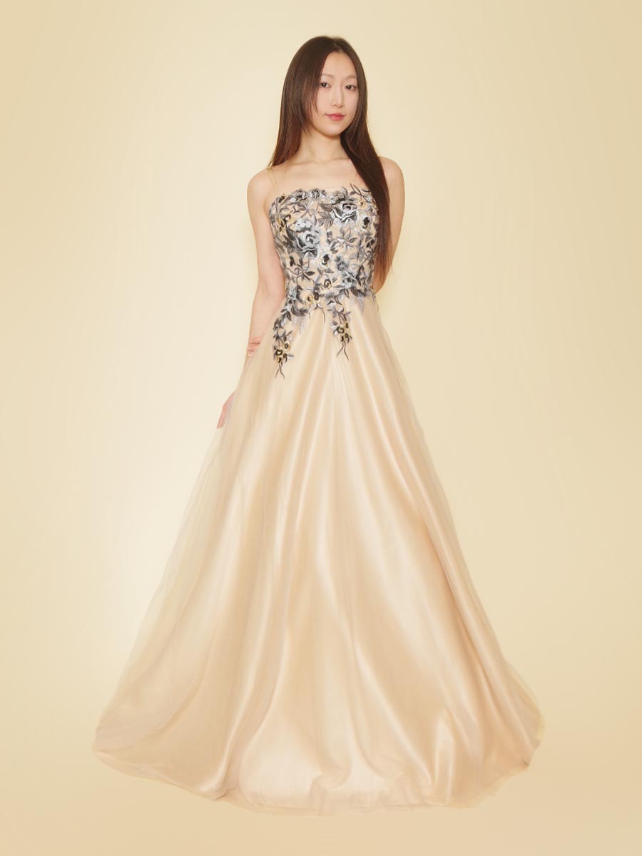 ベージュカラー×ブルー花柄刺繍トップのスレンダーAラインドレス