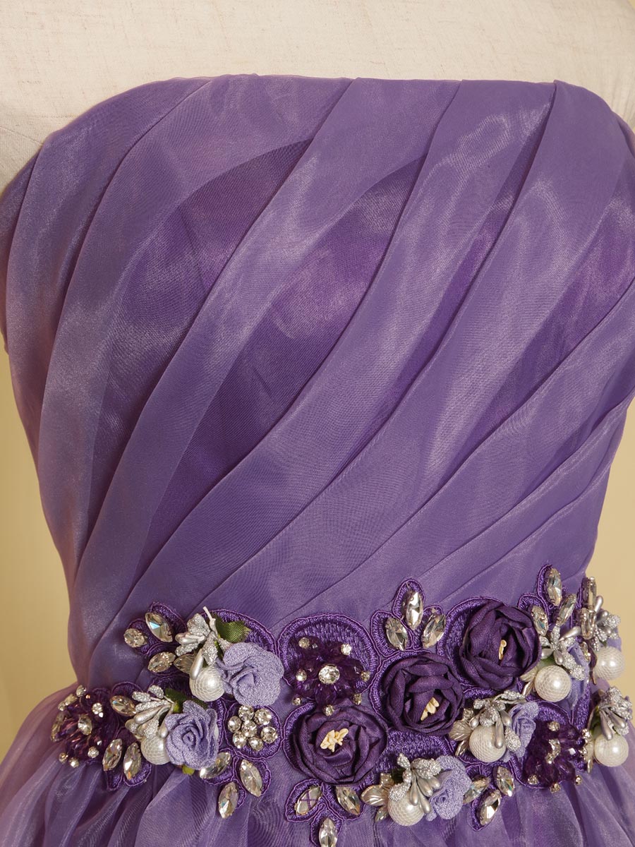 パープルカラーのオーガンジー×サテンのエレガントステージドレス