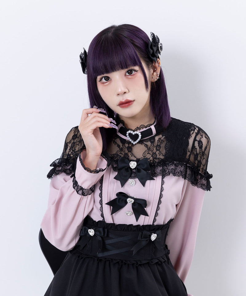 ハートビジューリボンオフショル風レースブラウス – レディース