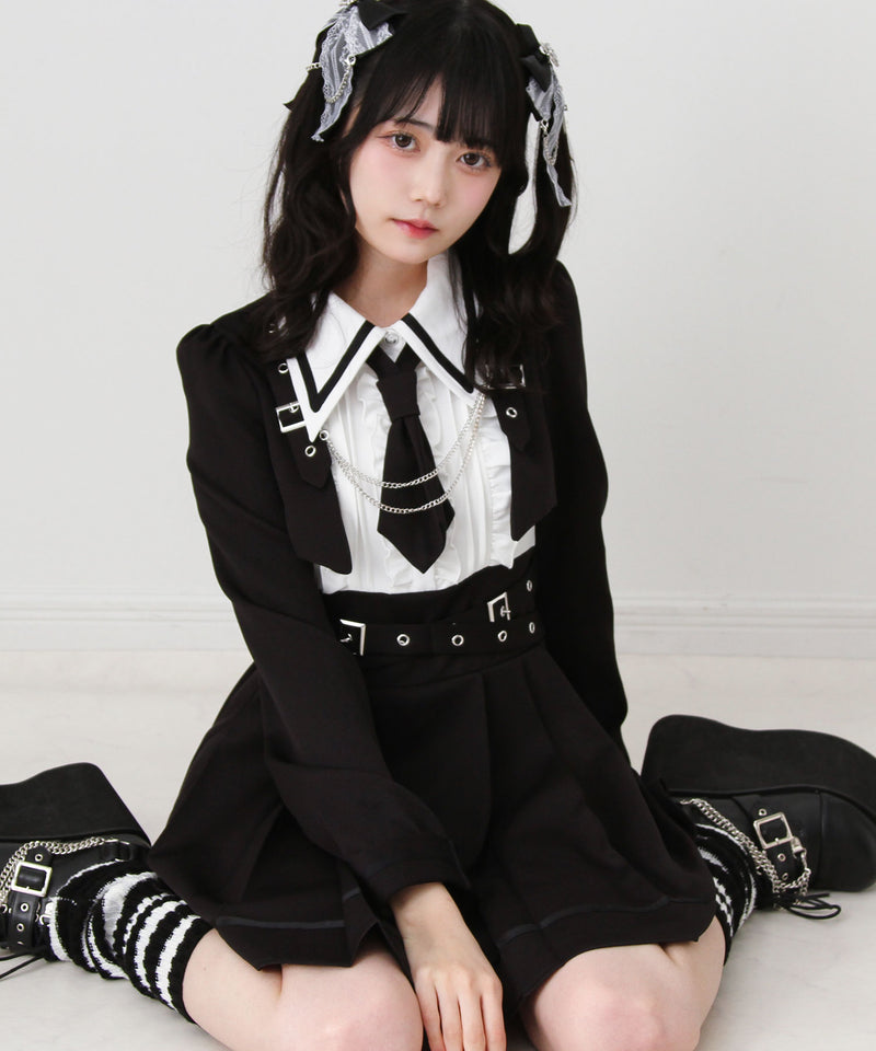 ジャケット風チェーンネクタイベルトプリーツワンピース – レディース