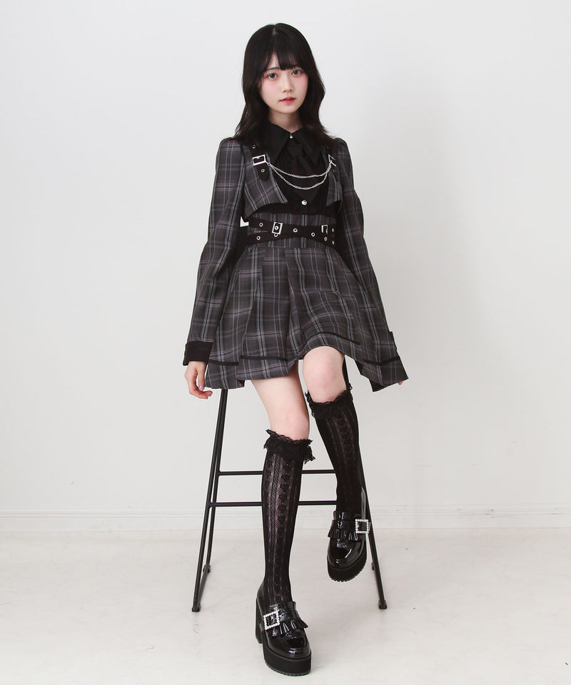 ジャケット風チェーンネクタイベルトプリーツワンピース – レディース