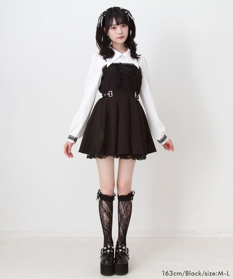 十字架スタッズジャンスカ風レースアッププリーツワンピース