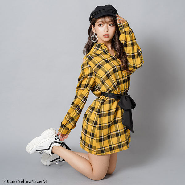 バイカラーリボンチェックシャツワンピース – レディースファッション