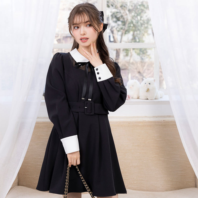 リボン付デコルテシアーフレアワンピース – レディースファッション