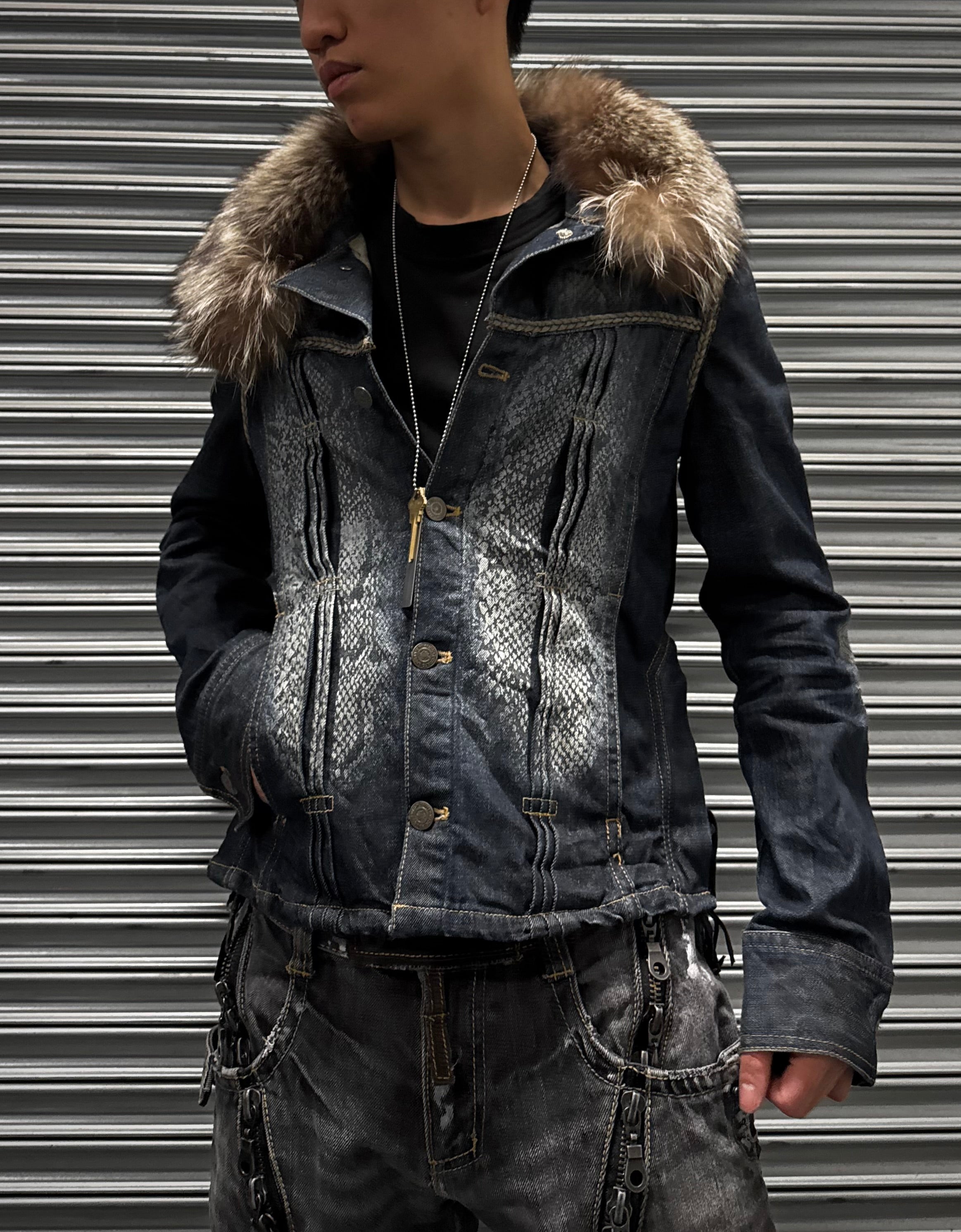 Tornado Mart Early 00s Fur Collar Python-Print Trucker Denim