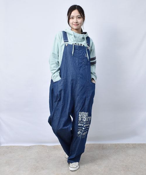 オーバーオール】 プリント デニム オーバーオール(Free 01 ホワイト