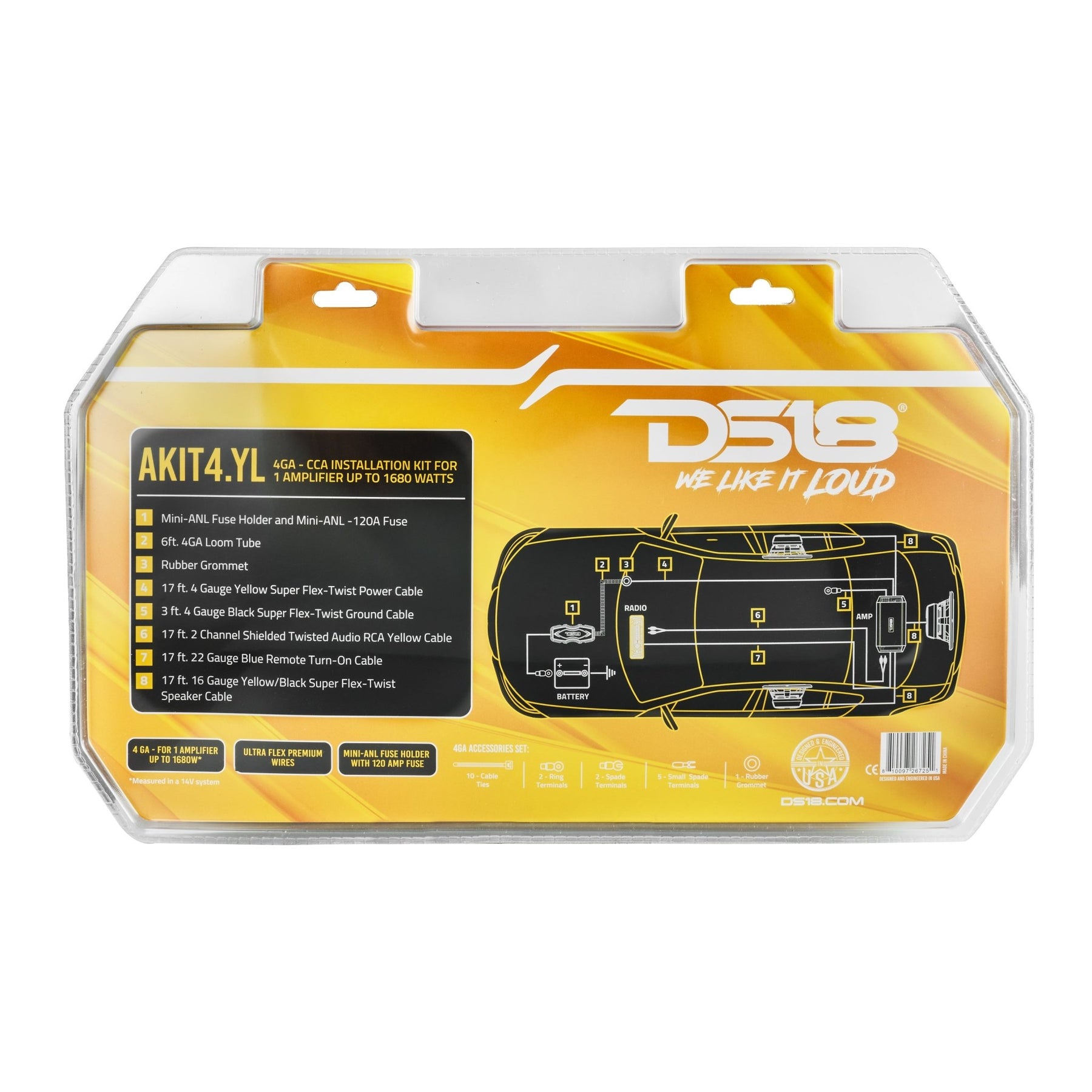 DS18 4-GA Amplifier Installation Kit - YELLOW