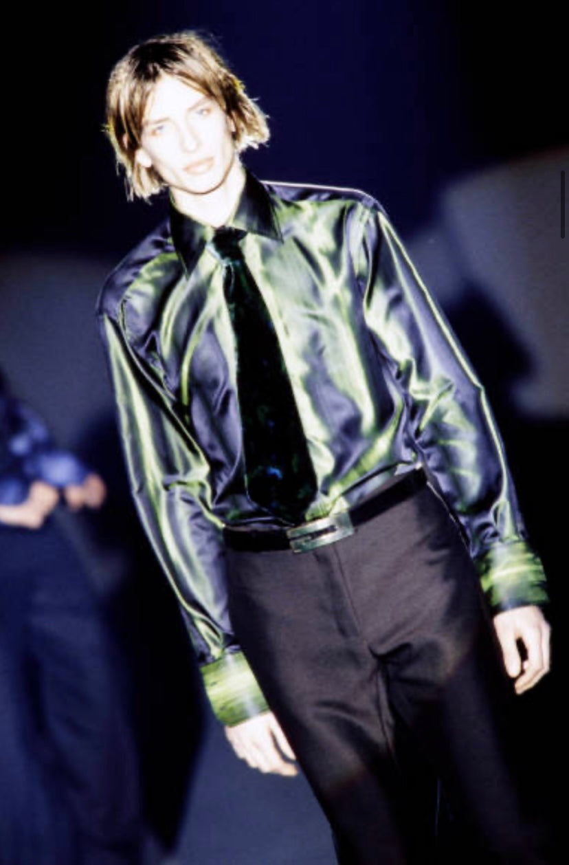 Gucci Fall 1997 Tom Ford Look #20/#18 Green Silk Striped Shirt