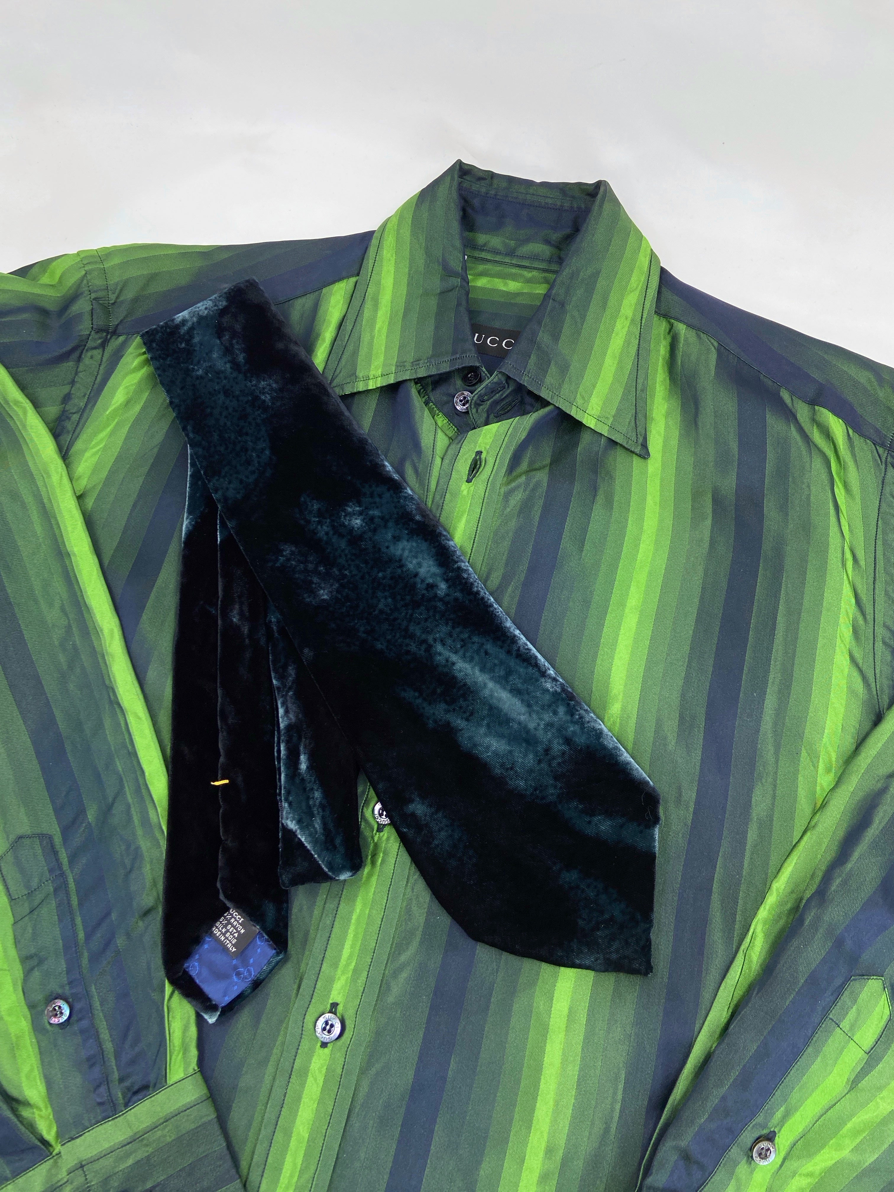 Gucci Fall 1997 Tom Ford Look #20/#18 Green Silk Striped Shirt