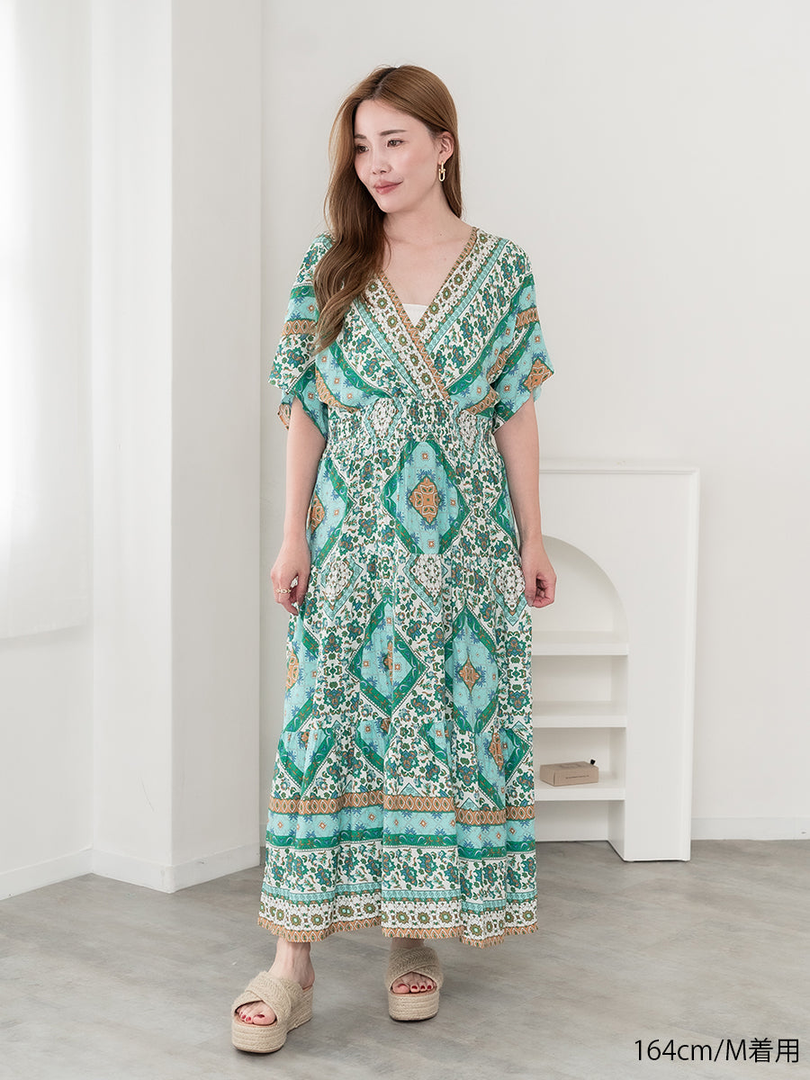 roomy by the sea(ルーミーバイザシー)タイル柄半袖フレアマキシ