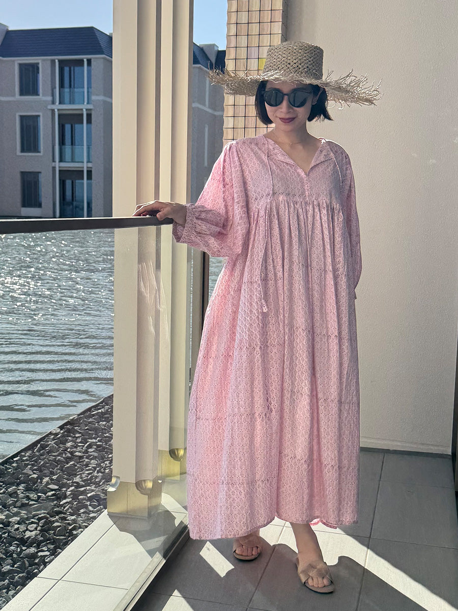 Eighty Seven(エイティセブン)インド綿フレア長袖ワンピース/ピンク