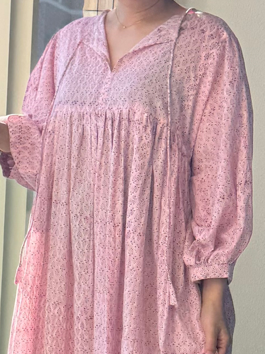 Eighty Seven(エイティセブン)インド綿フレア長袖ワンピース/ピンク