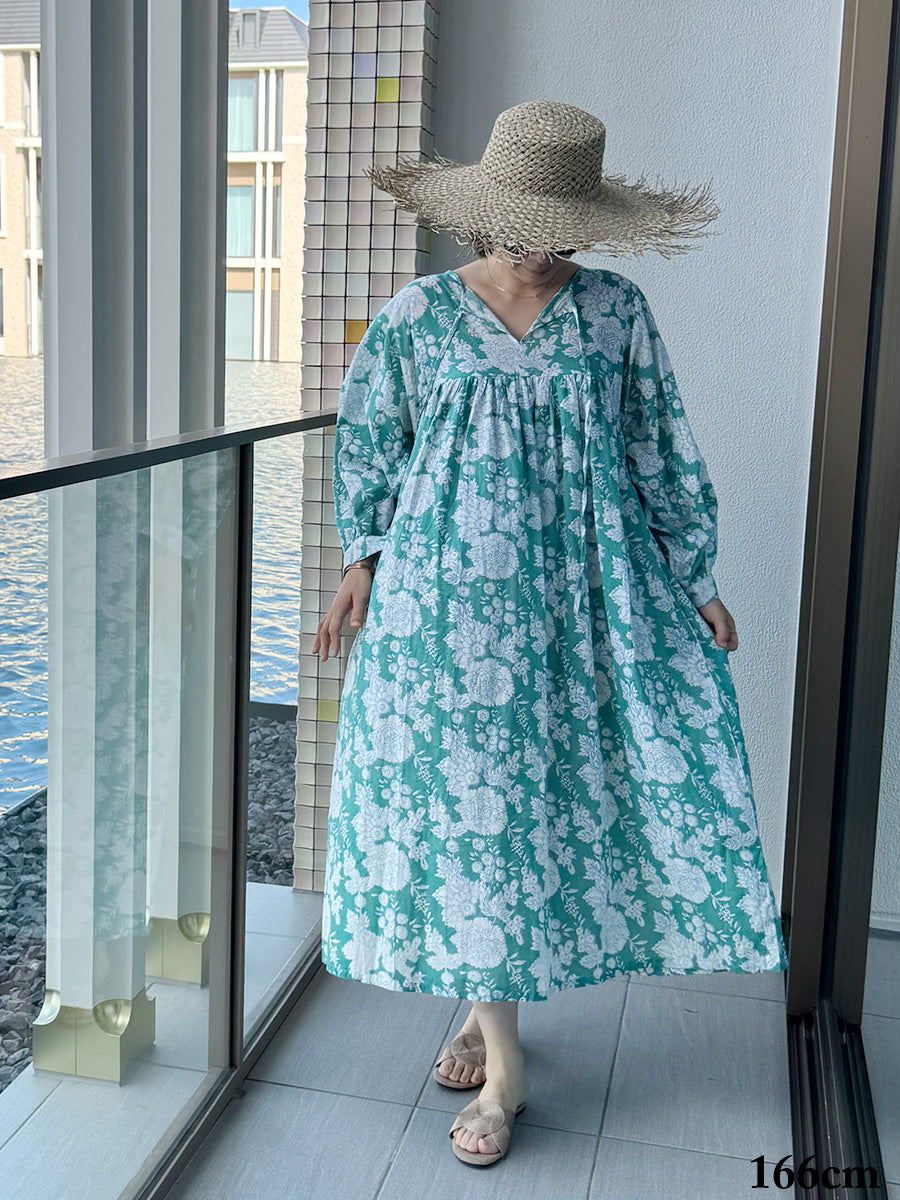 Eighty Seven(エイティセブン)インド綿フレア長袖ワンピース/グリーン