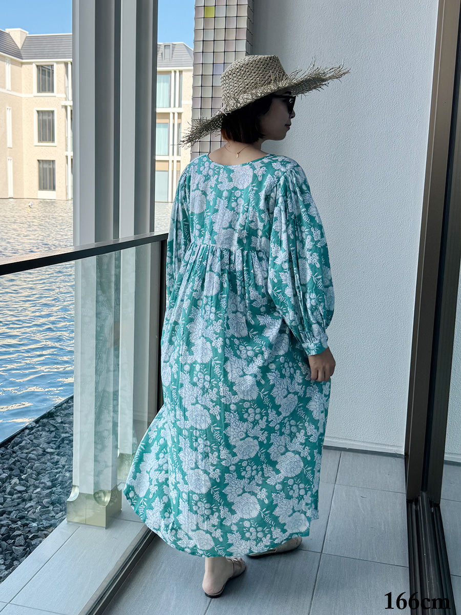 Eighty Seven(エイティセブン)インド綿フレア長袖ワンピース/グリーン