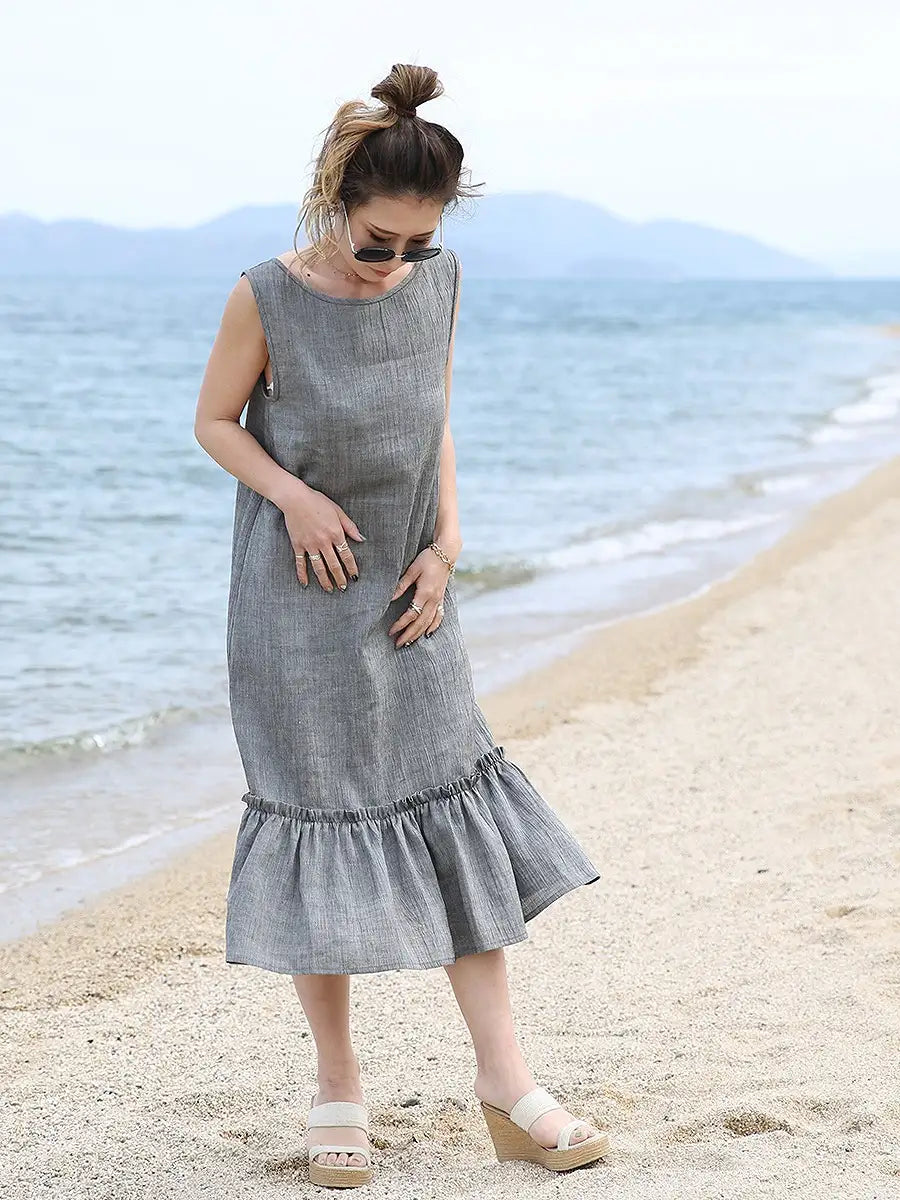 MOLABI(モラビ)近江ちぢみ（麻）背中開きマキシワンピース/ブラック