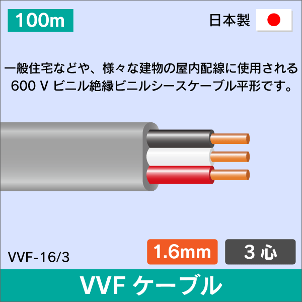VVFケーブル 2.0mm×3心 100m 2.0×3C×100 灰色 日本メーカー製|e431