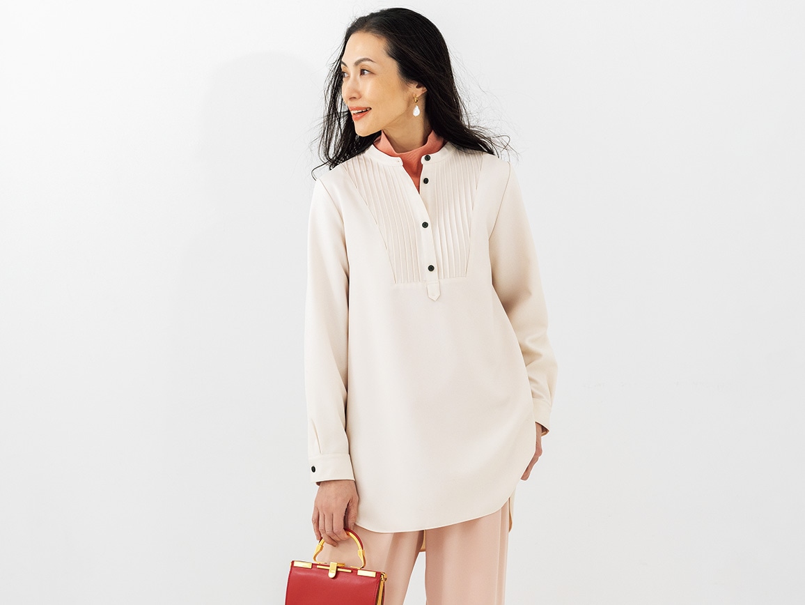 ピンタックデザインバンドカラーチュニック(02_M 19_モーブピンク