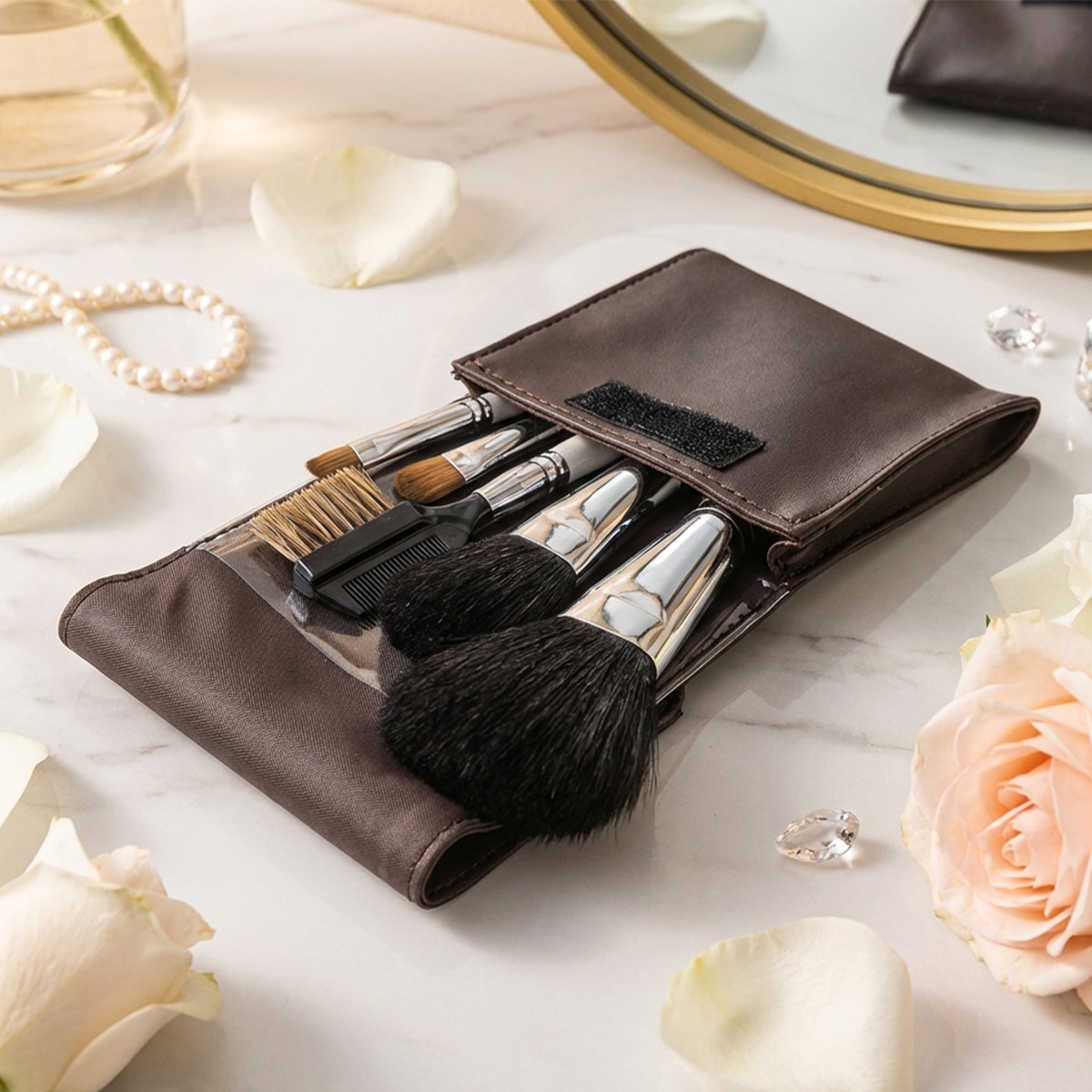 熊野筆メイクブラシ5本セット＆携帯用化粧ポーチ[ショート軸タイプ