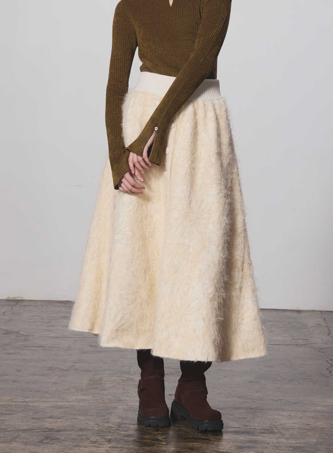 COEL Online Storeフロントボタンレースニットスカート(36 クリーム