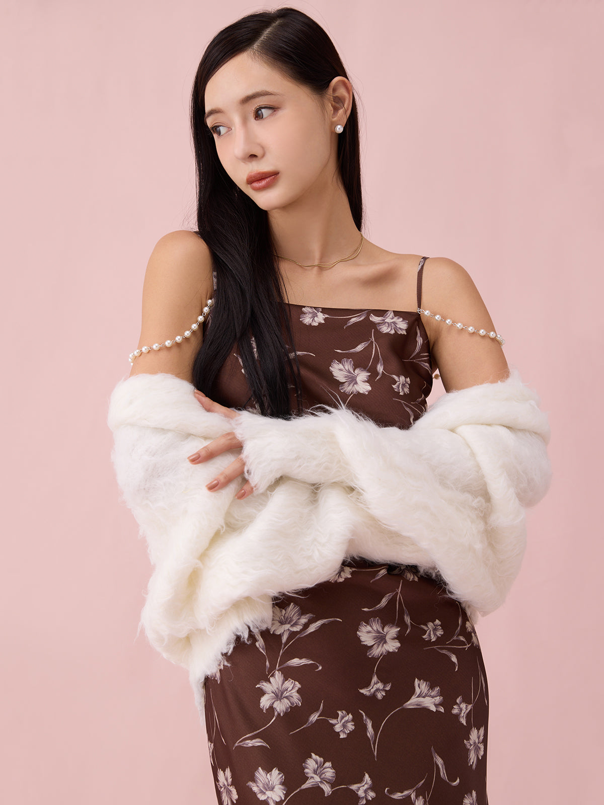 フラワーモチーフパールストラップキャミワンピース