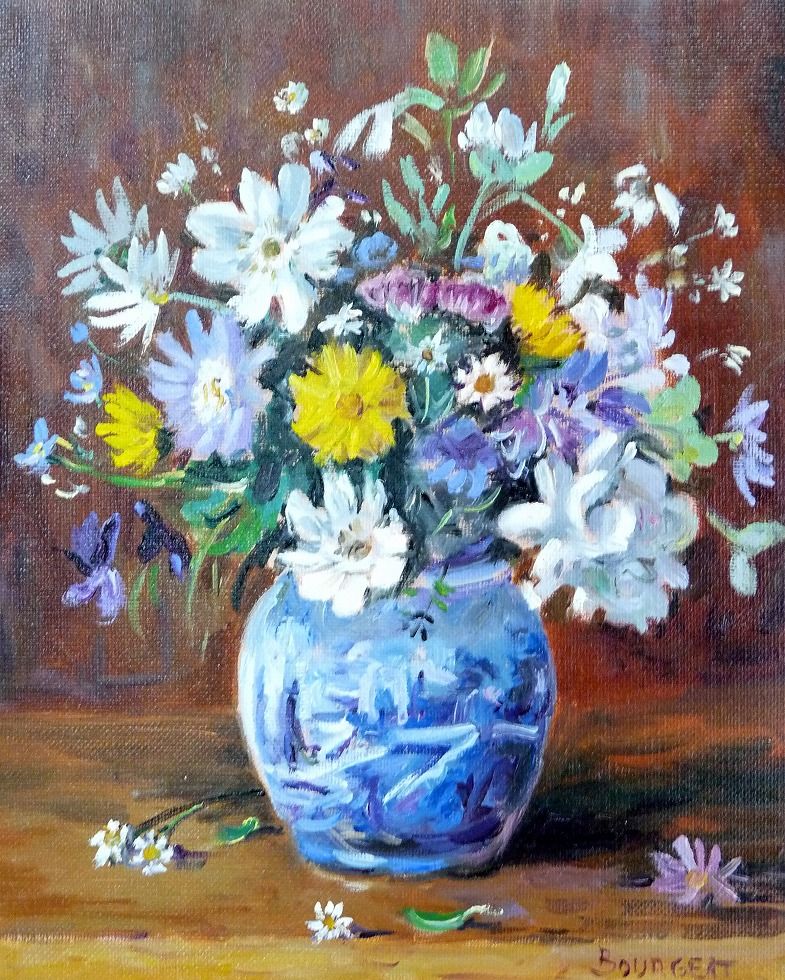 Fujino 水彩画 花瓶の花 絵画 フランス製水彩画 花瓶の花と本 上品な額付き