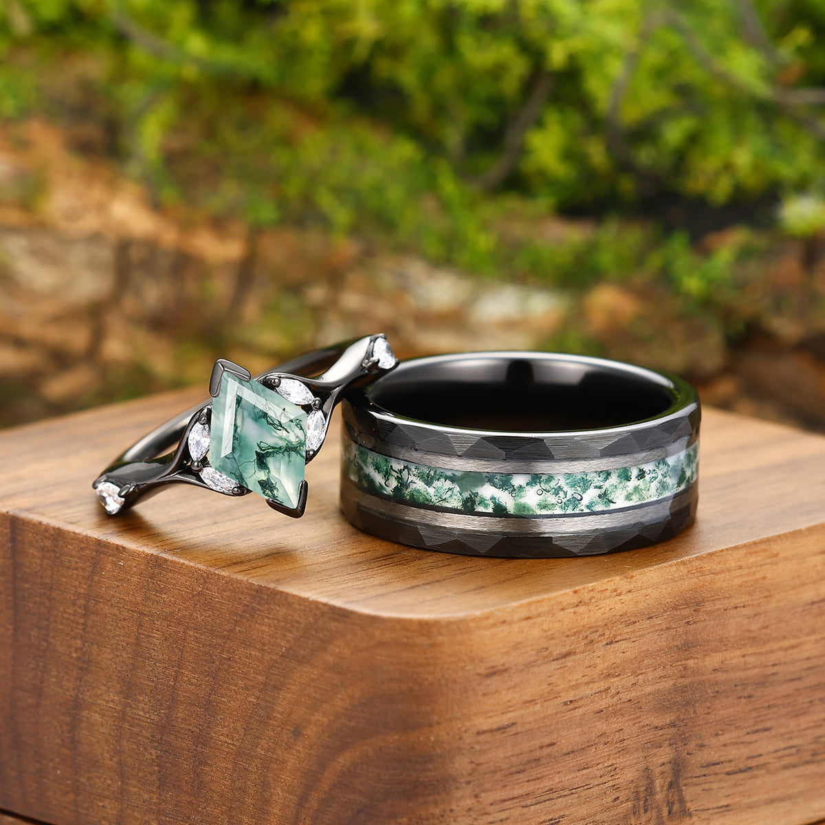 Art Deco Natural Moss Agate Engagement Silver Couples Rings