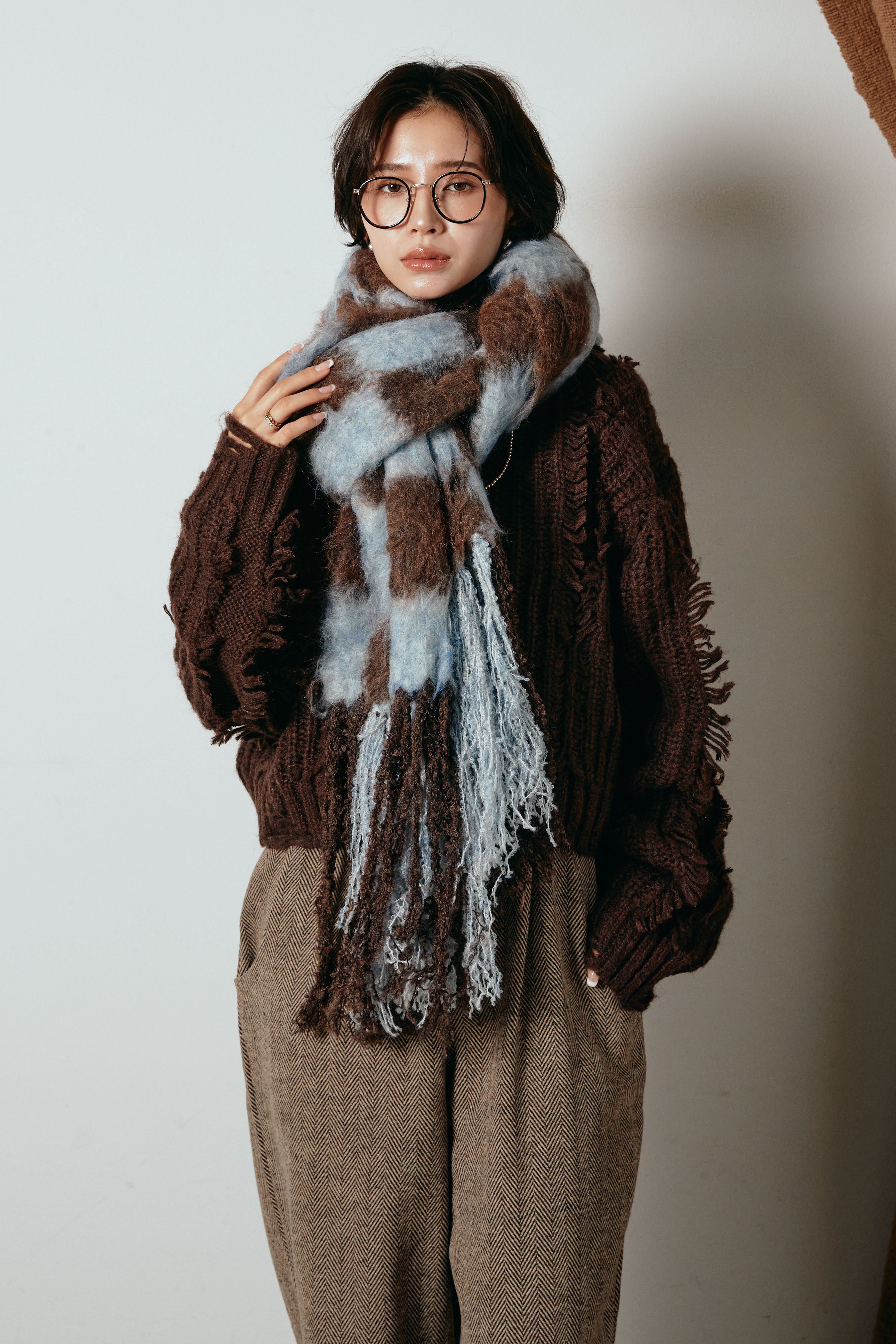 起毛チェックマフラー/ブルーブラウン – ESICA