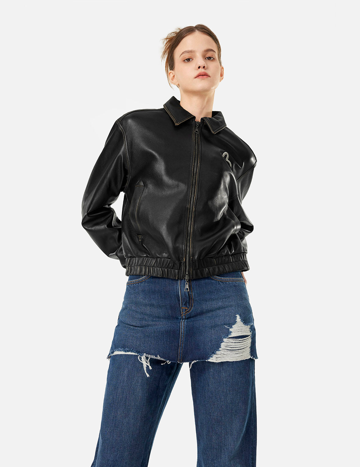 カモメ刺繍とロゴアップリケファッションフィットレザージャケット – EVISU