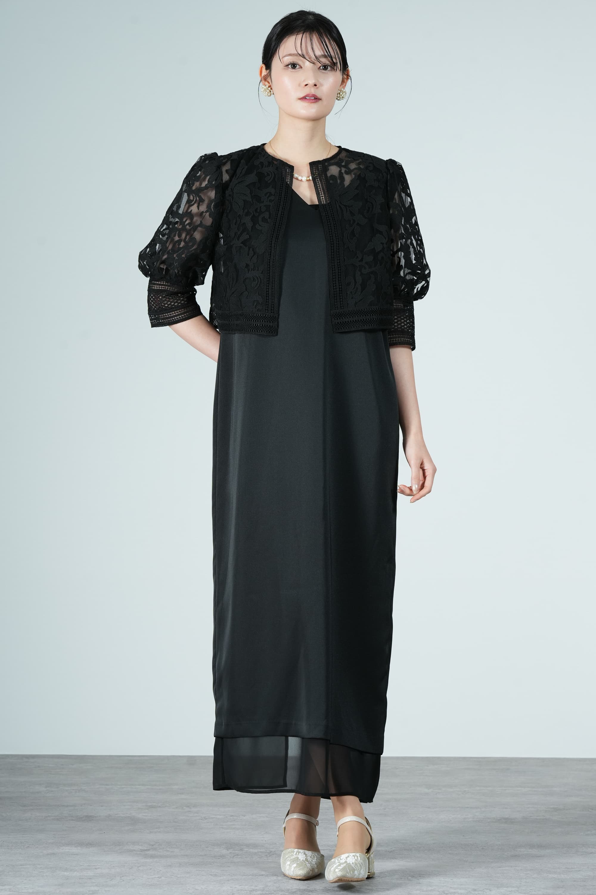 Ameri VINTAGE ボタニカル柄レースボレロレイヤードブラックドレス (M