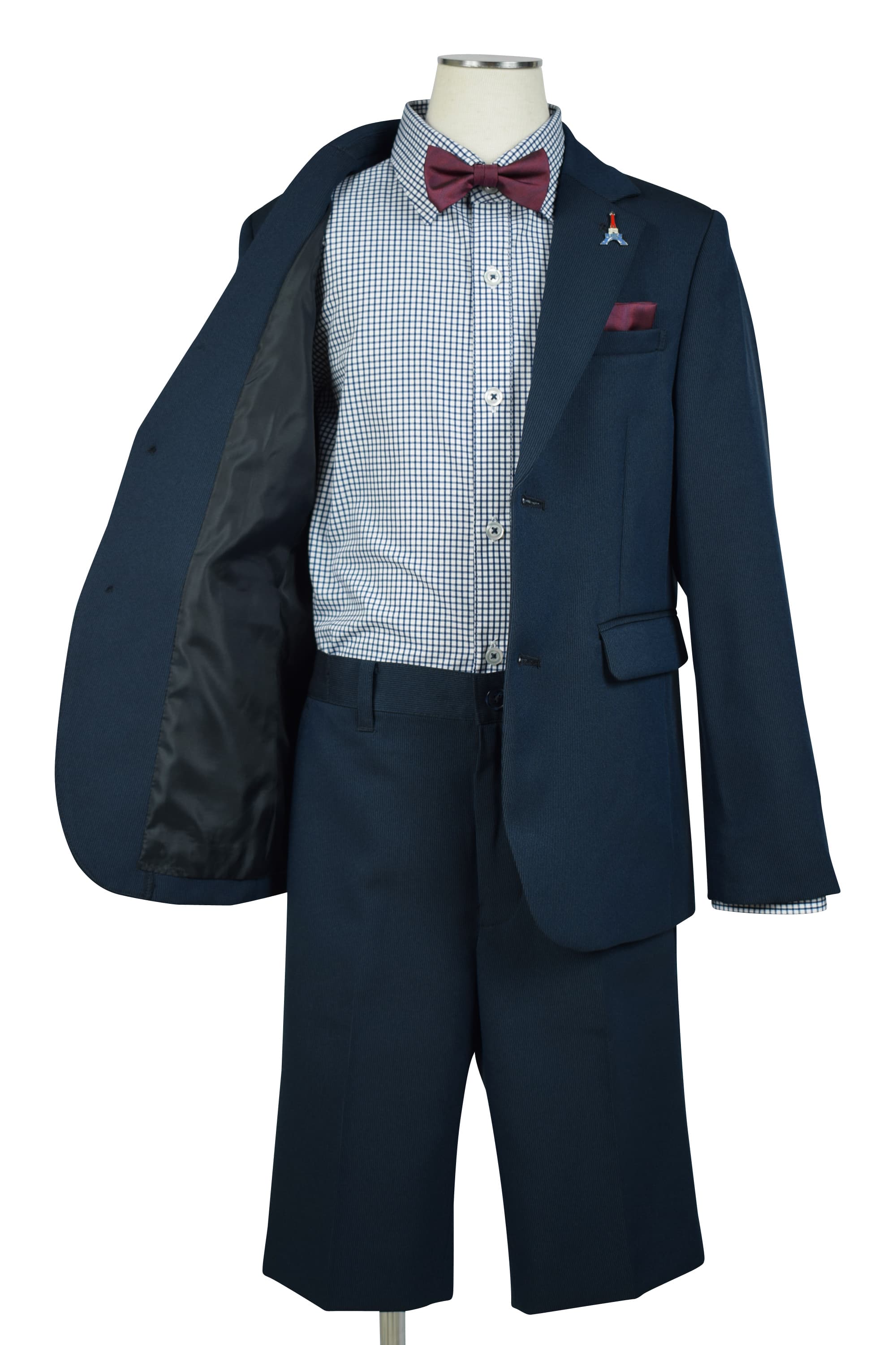 ELLE en noir チェックシャツ×蝶ネクタイネイビースーツセット (130cm