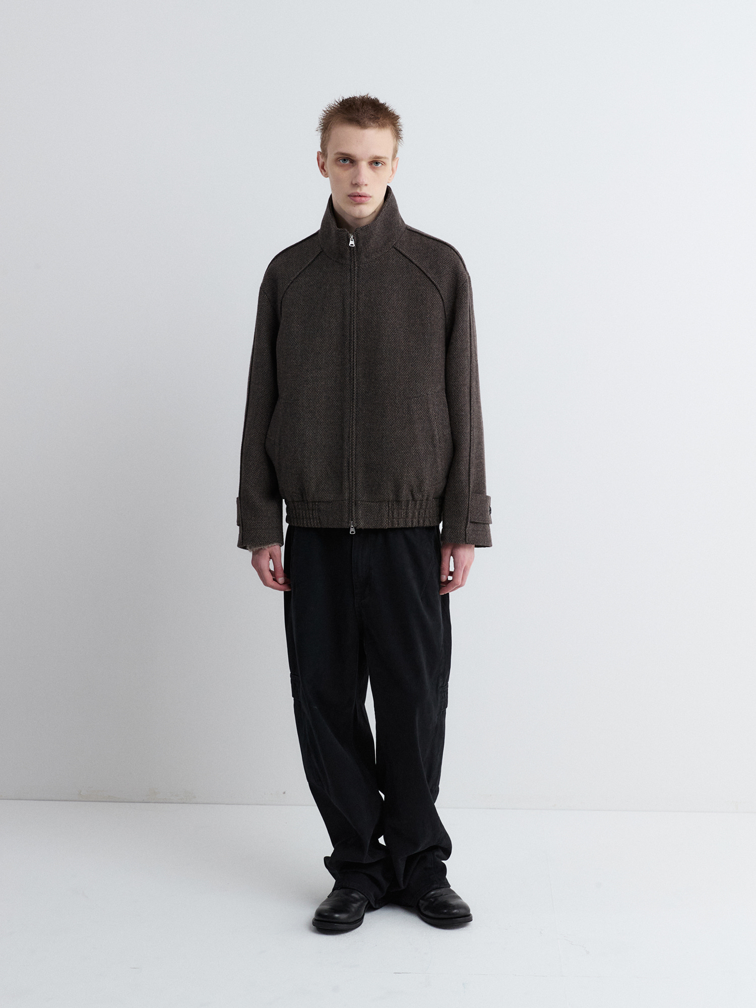 파브레가 - Tweed wool high-neck blouson jacket (Dark Brown)