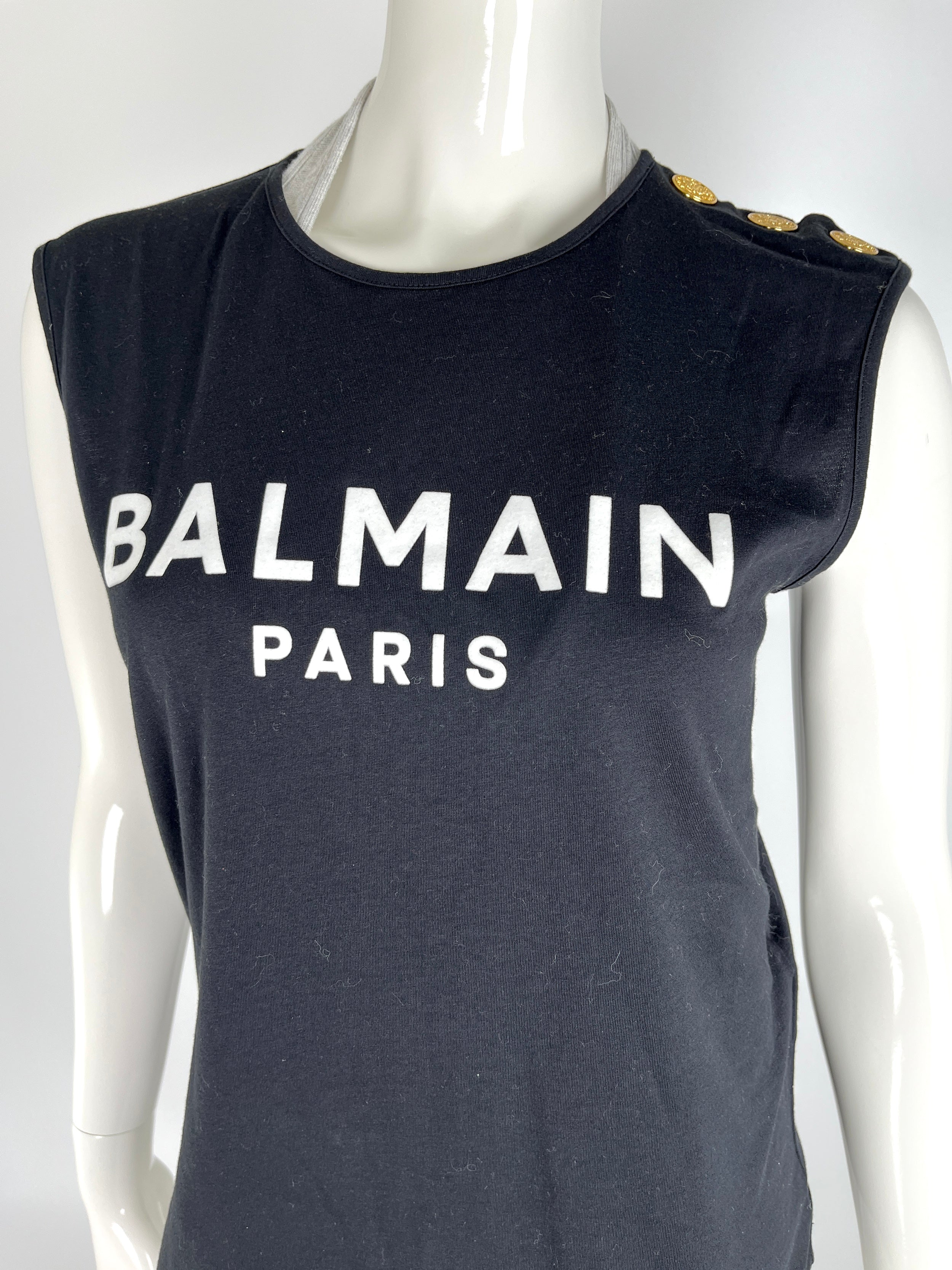 BALMAIN Paris Black Logo Print Gold Button Tank Top S – Fashion