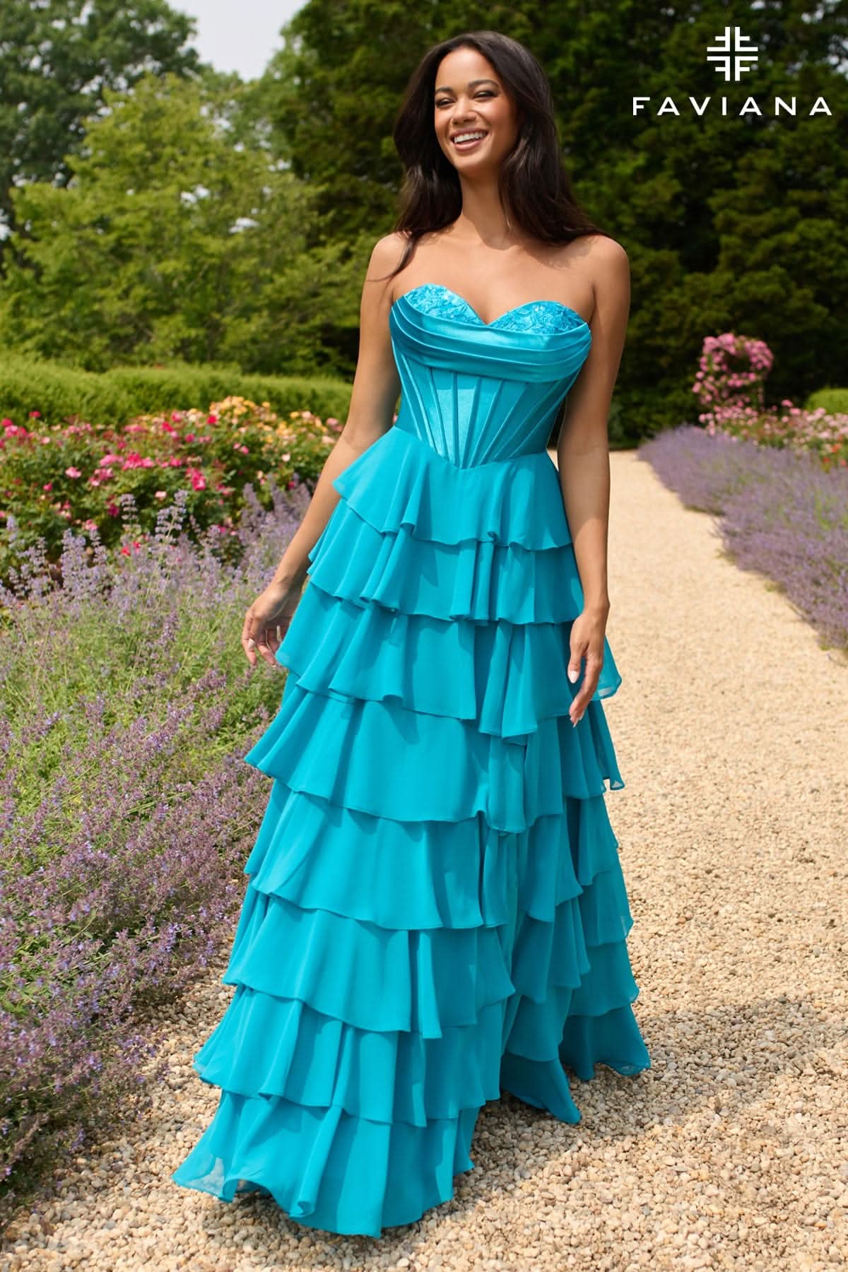Aqua Peekaboo Corset Satin And Chiffon Dress With Tiered Ruffled Skirt
