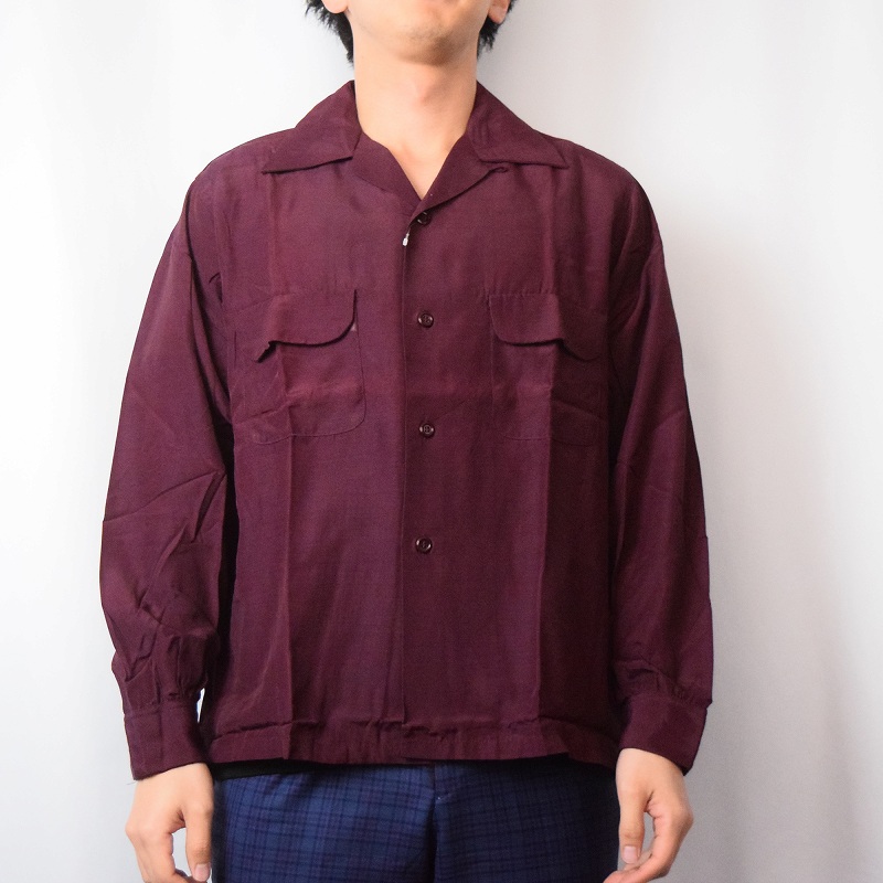 50s 50年代 長袖 ボルドー ワインレッド ループカラー オープンカラー