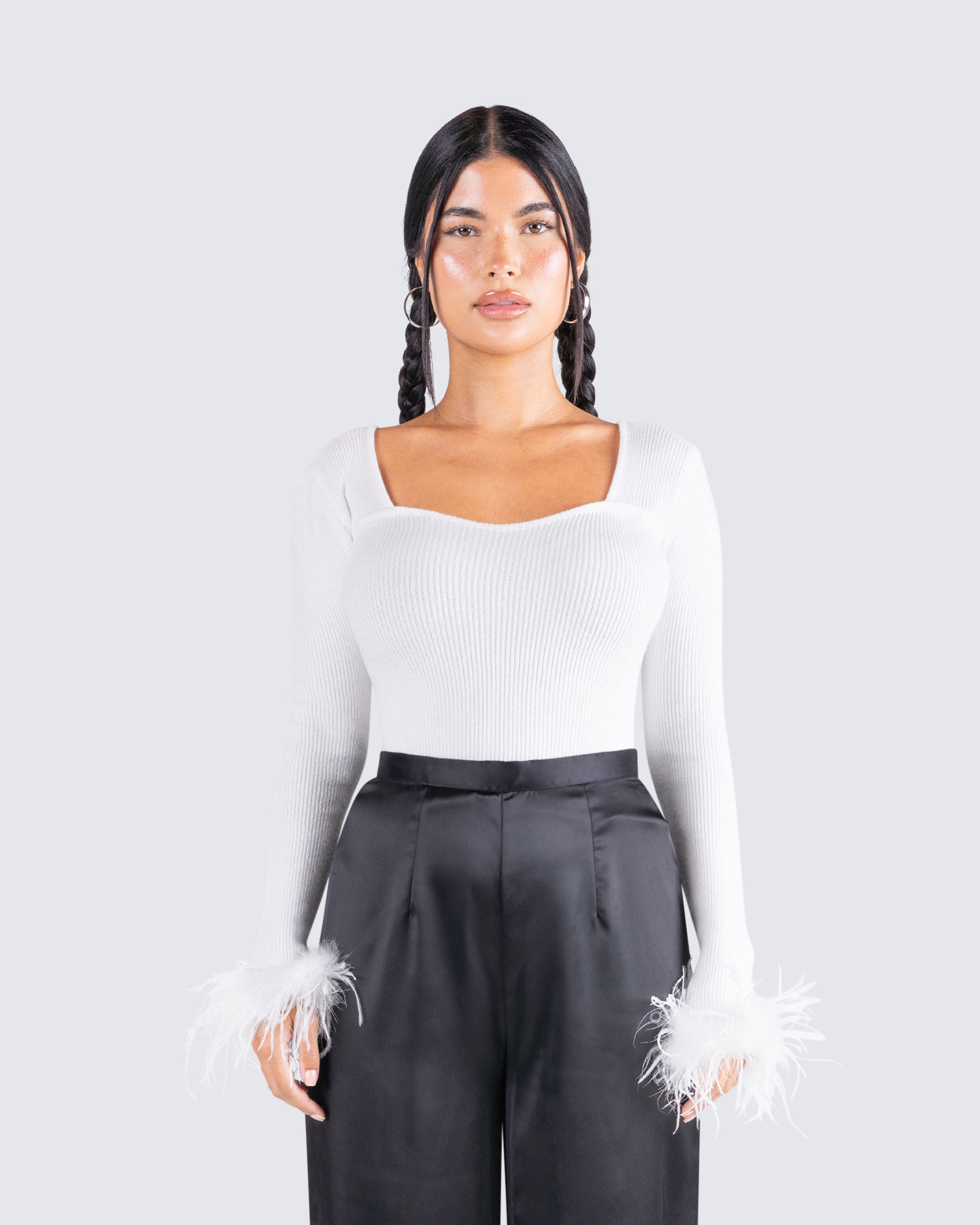 Natasha White Fur Trim Top – FINESSE