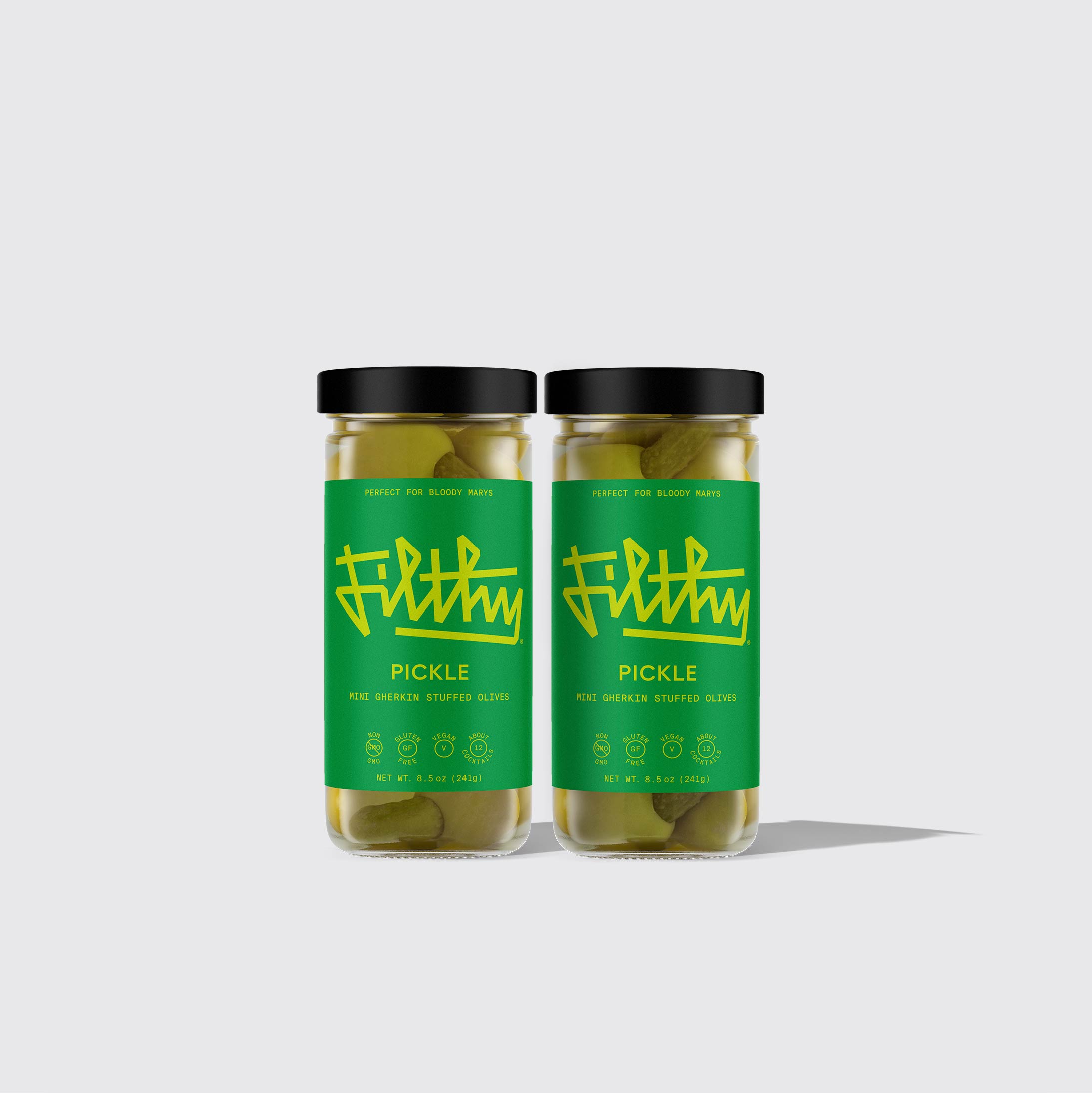 Filthy Pickle Stuffed Olives - Premium cocktail garnishes.
