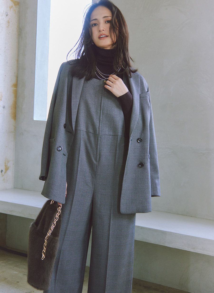 ウール調グレンチェックストレッチコンビネゾン｜LOUNIE（ルーニィ