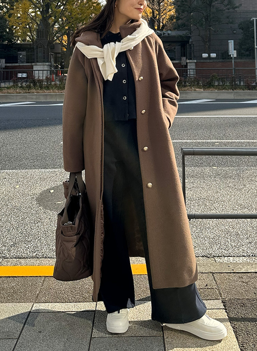 メリノウール＞スタンドカラーベルテットロングコート｜LOUNIE