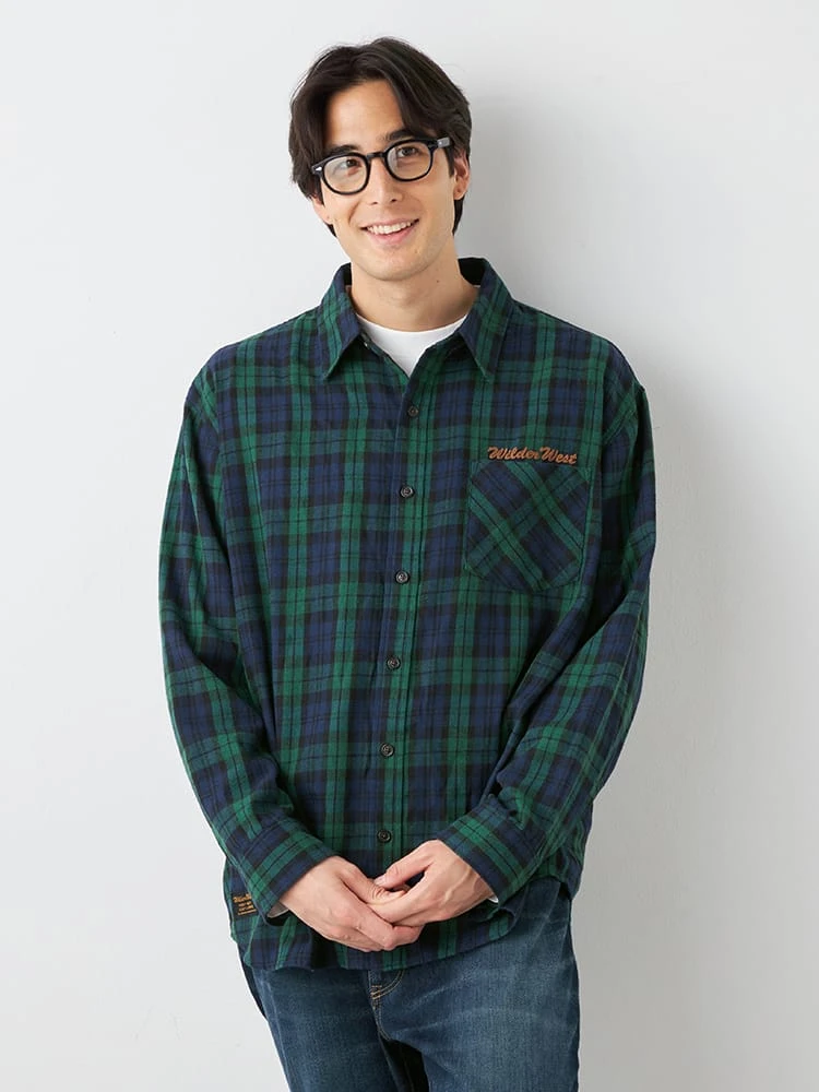 ネイビー 【WILDER&WEST】チェック柄チェーン刺繍シャツ | フォーエル